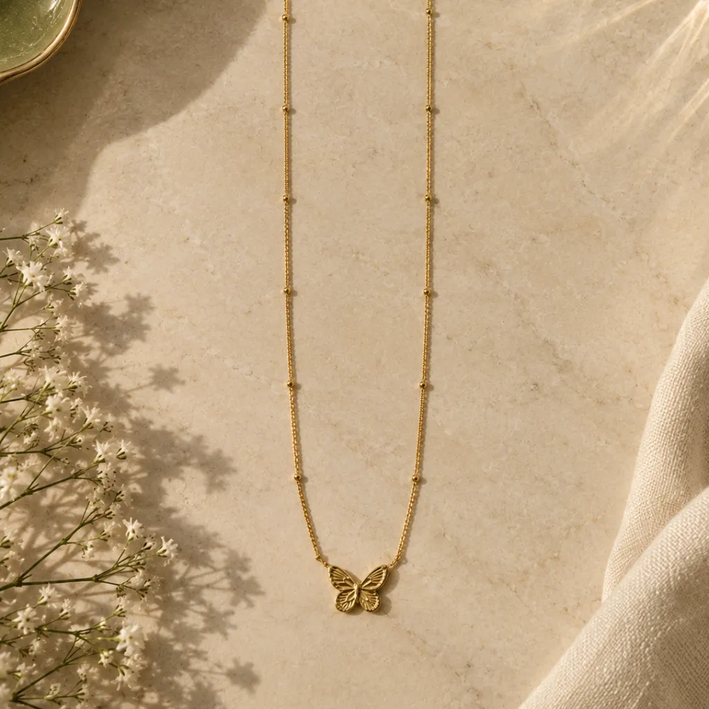 Golden Butterfly Necklace Flat Lay.webp