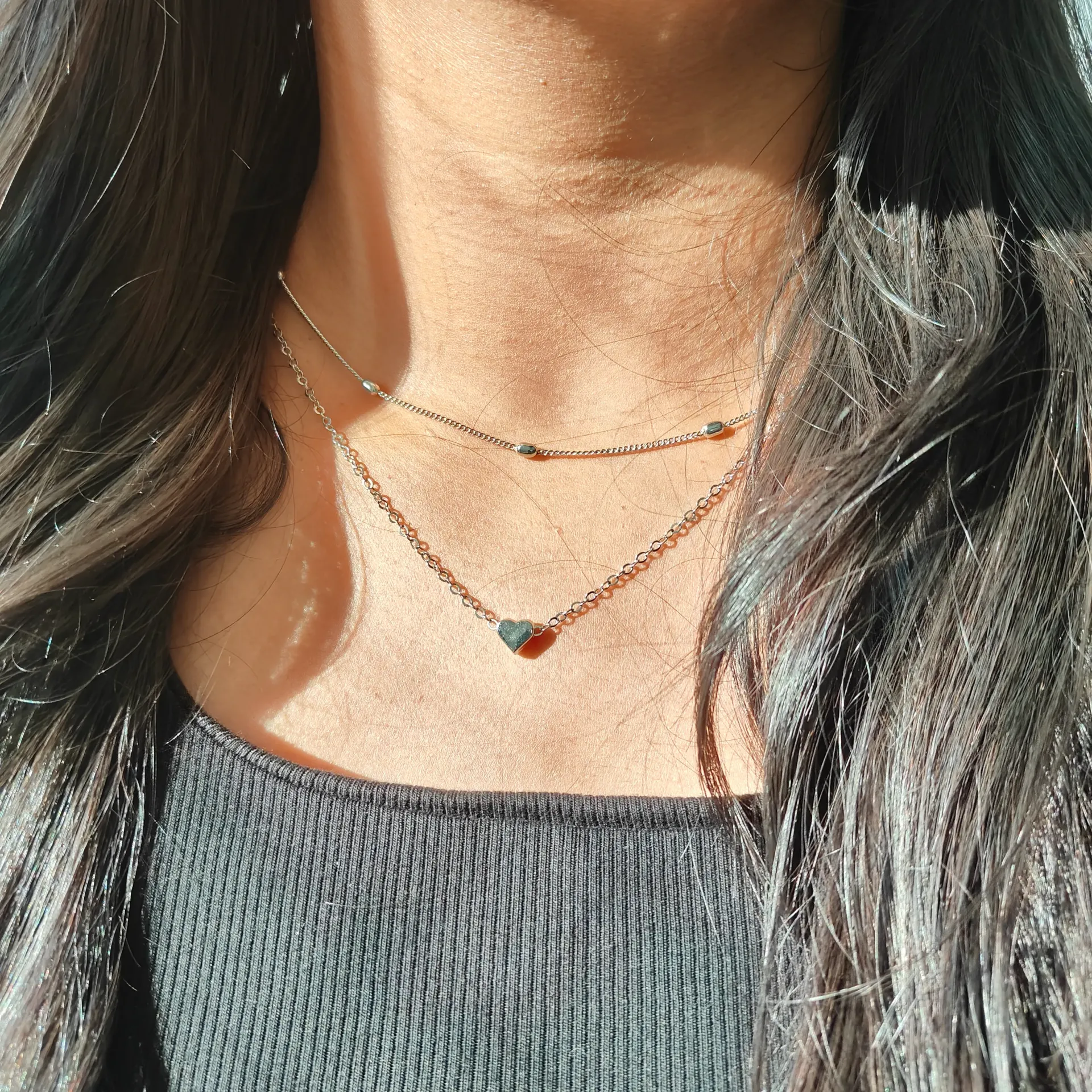 Silver Layered Beaded Heart Necklace