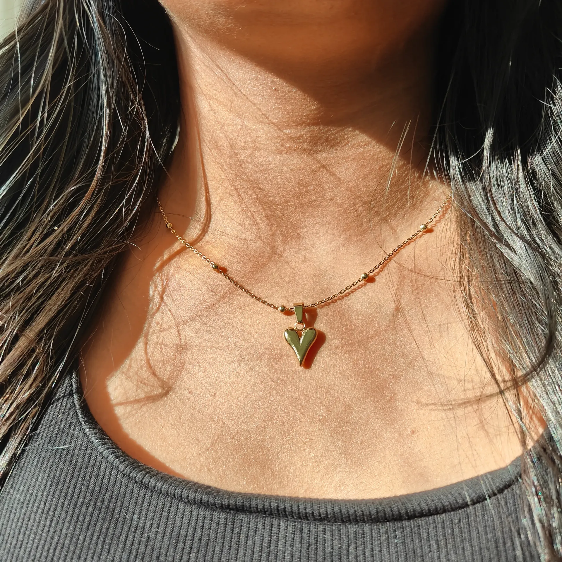 Golden Puffed Heart Beaded Necklace