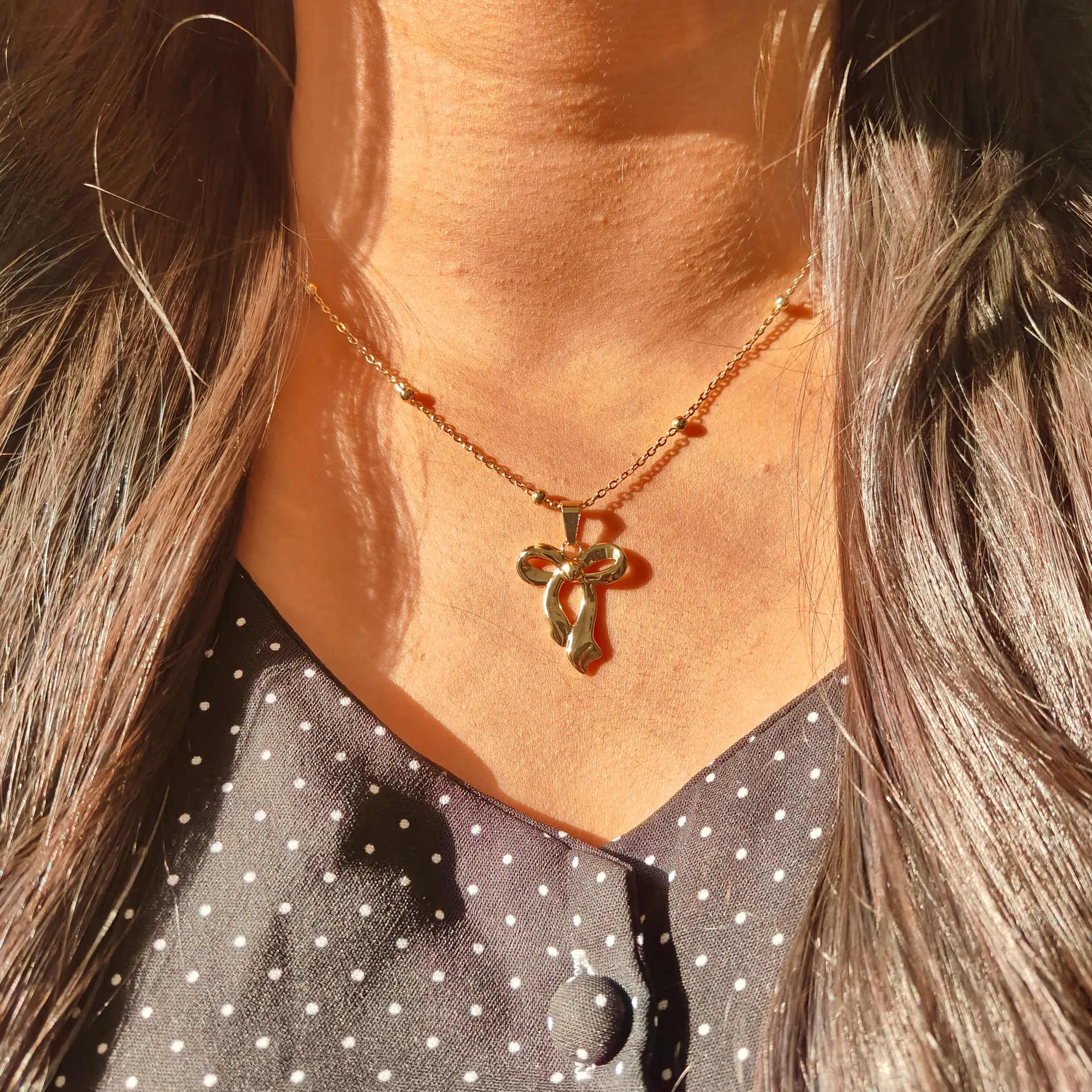 [PNG054] Golden Draped Ribbon Bow Necklace