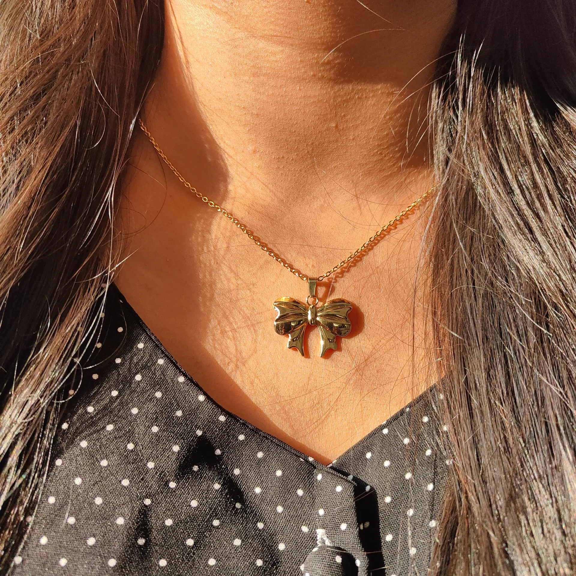 Golden Ribbon Bow Pendant Necklace