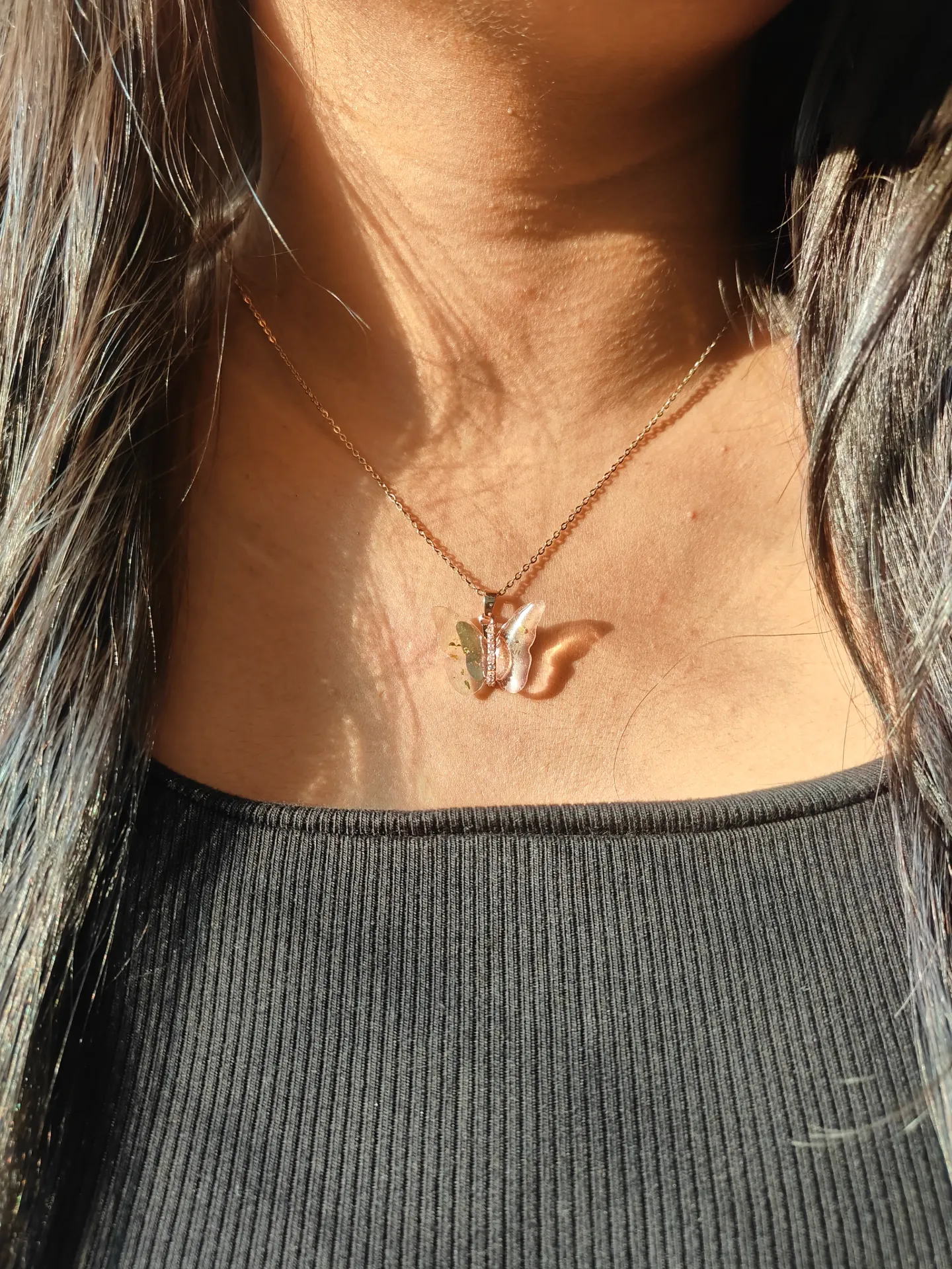 Gold Flake Resin Butterfly Necklace
