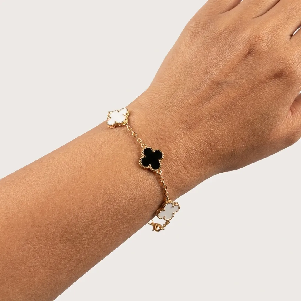 Black and White Contrast Clover Charm Bracelet