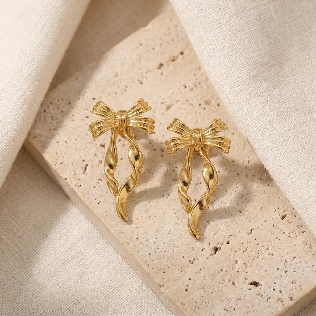 Golden Ribbon Drop Studs